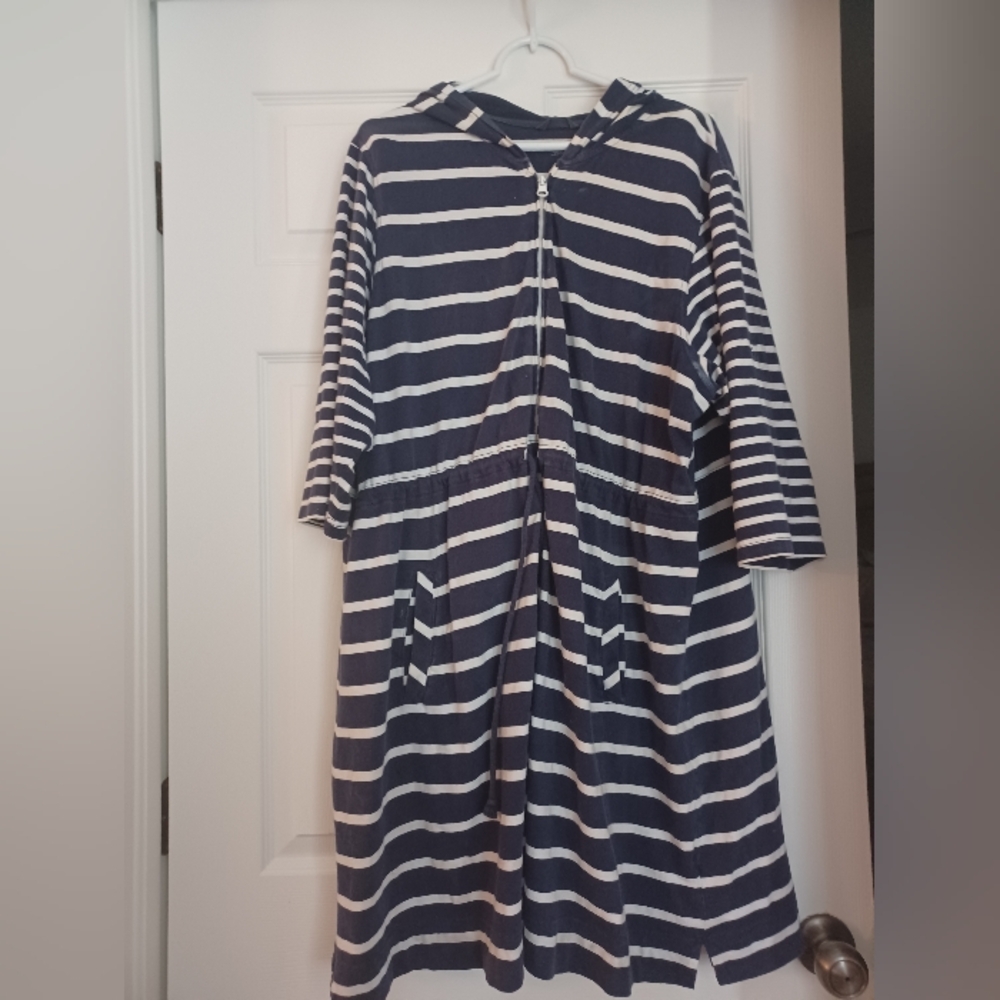Lands End Womens Size 2X Navy and White Striped Hooded Beach Cover-Up